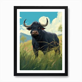 Black Bull In Long Grass Of The Highlands Art Print