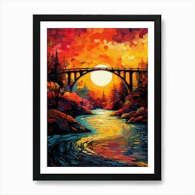 Bridge at Red Sky Sunset, Abstract Vibrant Colorful Painting in Van Gogh Style Art Print