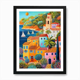 Kitsch Colourful South Of France Coastline 1 Art Print