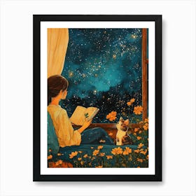 Girl Reading Book with Her Cat 2 Art Print