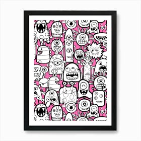 Cute Clusters of Monsters and Aliens Pink, Black and White Kids Art Print