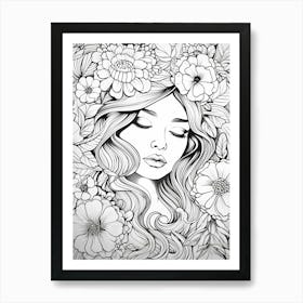 Floral Fine Line Face Drawing 2 Art Print