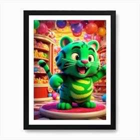 Cartoonish 3d Animated Green Tiger With Yellow Eyes Exuding A Whimsical And Playful Demeanor Surro Art Print