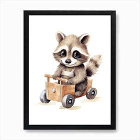 Baby Raccoon On A Toy Car, Watercolour Nursery 1 Art Print