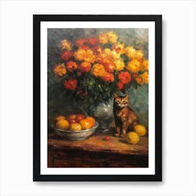 Flower Vase Chrysanthemums With A Cat 1 Impressionism, Cezanne Style Art Print