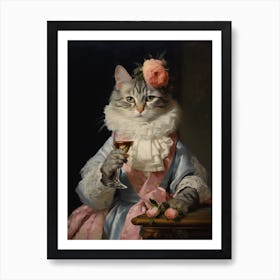 Cat Drinking Wine In A Pink & Blue Dress Art Print