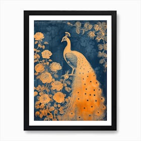 Orange & Navy Blue Floral Cyanotype Inspired Peacock 3 Art Print