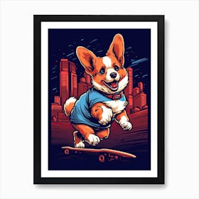 Corgi Dog Skateboarding Illustration 3 Art Print