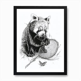 Red Panda Cub Playing With A Butterfly Net Ink Illustration 4 Art Print