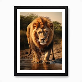African Lion Drinking From A Stream Realistic 7 Art Print