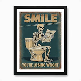 Humorous Vintage Skeleton On Toilet Reading Newspaper Art Print