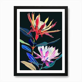 Neon Flowers On Black Protea 1 Art Print