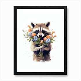 Raccoon Cute Illustration With Flowers 1 Art Print