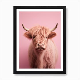 Pastel Pink Portrait Of Highland Cow 2 Art Print