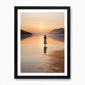 Woman Walking On Beach At Sunset Art Print Art Print