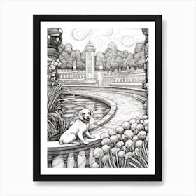 Drawing Of A Dog In Versailles Gardens, France In The Style Of Black And White Colouring Pages Line Art 01 Art Print