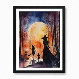 Mother Witch And Daughters Play in Autumn Woods ~ Witchy Outing Witches Family Girls Spooky Vintage Halloween Artwork Fairytale Watercolour Watercolor Art Print