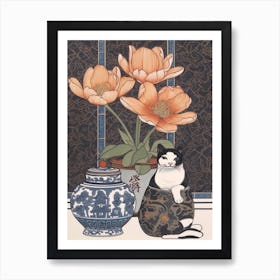 Drawing Of A Still Life Of Lotus With A Cat 3 Art Print