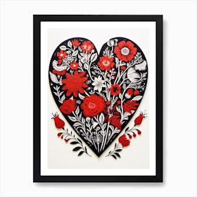 Heart Red & Black Linocut Style White Background 2 Art Print