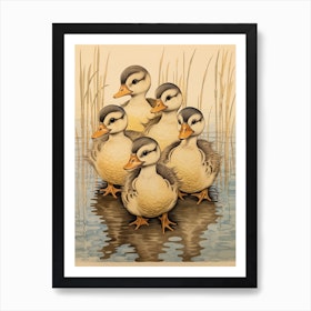 Sweet Ducklings Japanese Woodblock Style 4 Art Print