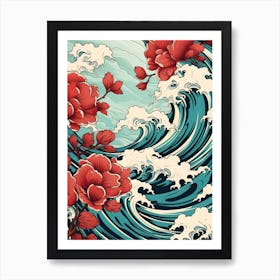Great Wave With Camellia Flower Drawing In The Style Of Ukiyo E 3 Art Print