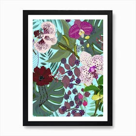 Orchid And Cosmos Flower Botanical Floral Pattern Art Print