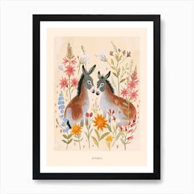 Folksy Floral Animal Drawing Donkey Poster Art Print
