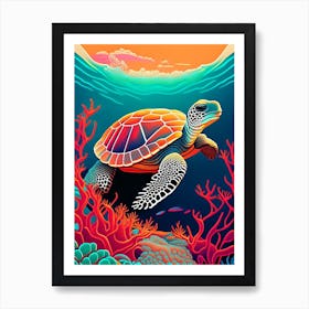 A Single Sea Turtle In Coral Reef, Sea Turtle Retro 1 Art Print