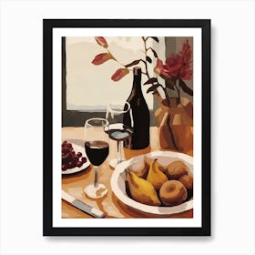 Atutumn Dinner Table With Cheese, Wine And Pears, Illustration 9 Art Print