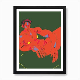 Nude Man Lying Green Art Print