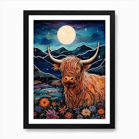 Colourful Illustration Of Highland Cow In The Moonlight Art Print