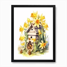 Beehive With Daffodils Watercolour Illustration 1 Art Print