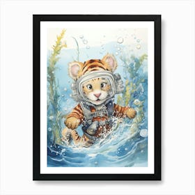 Tiger Illustration Scuba Diving Watercolour 2 Art Print