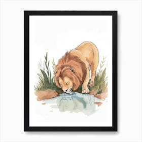 African Lion Drinking From A Watering Hole Clipart 4 Art Print