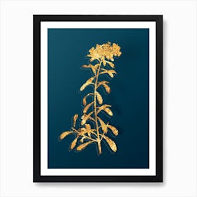 Vintage Small White Flowers Botanical in Gold on Teal Blue n.0001 Art Print