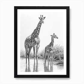 Giraffe & Calf Pencil Portrait  2 Art Print