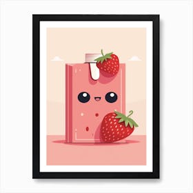 Strawberry Juice Box With A Cat Kawaii Illustration 2 Art Print