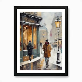 Paris cafes, winter season, Christmas, autumn oil colors, pale colors, pedestrians in the street, winter clothes, falling snow.Christmas decorations.3 Art Print