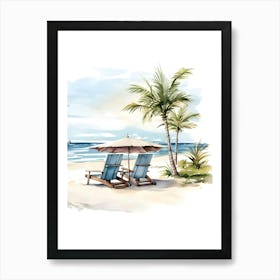 Watercolor Beach Chairs And Umbrella Art Print