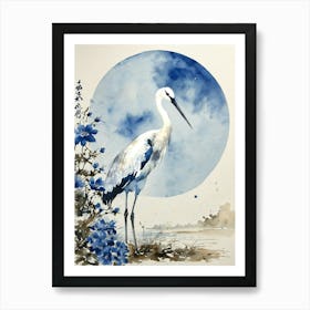 Japanese Vintage Crane Watercolor Painting With Blue Moon | Over the Lake in Spring | Cream Mid Century Minimalist Japan Art Style in HD Art Print