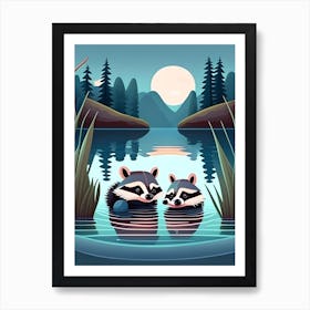 Two Raccoons Swimming At Night Art Print