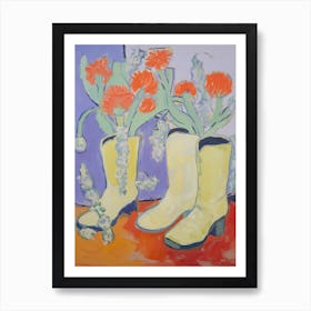 Painting Of Orange Flowers And Cowboy Boots, Oil Style 3 Art Print