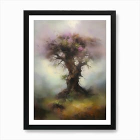 Oak tree, fine work of art, misty atmosphere, green meadow..22 Art Print