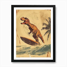 Vintage Tyrannosaurus Dinosaur On A Surf Board  1 Art Print