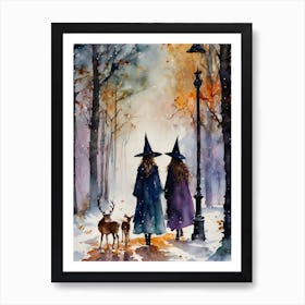 Dear Friends - Witch Best Friends on New Years Day, Witchy Winter Snowing Scene in Deer Woods, Pagan Fairytale Watercolor Art by Lyra The Lavender Witch, Wicca, Witchcraft Spells Magick Beautiful Forest Art Print