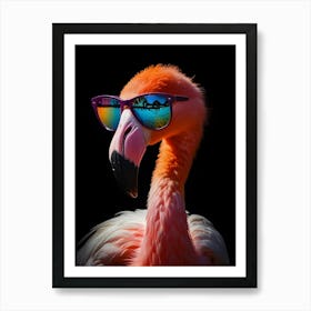 A vibrant, close-up portrait of a flamingo wearing stylish sunglasses, showcasing a colorful gradient of pink and orange feathers. Art Print