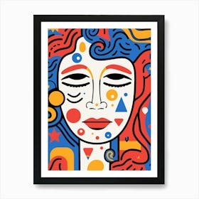 Closed Eyes Red & Blue Geometric Face Art Print