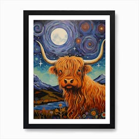 Wavy Line Highland Cow At Night Illustration 4 Art Print