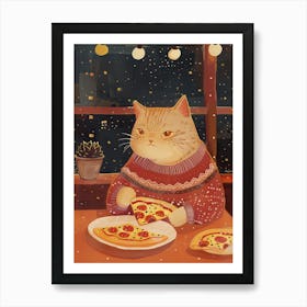 Cat In A Sweater Pizza Lover Folk Illustration 1 Art Print