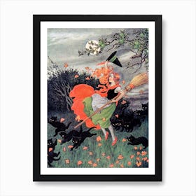 A Witch and Black Cats Catch Autumn Leaves - Ida Rentoul Outhwaite - 1921 Vintage Art Deco Era Witchy Art Print Fall Pagan Fairytale Witchcore Fairycore Windy Day Witches Hat Broomstick Art Print